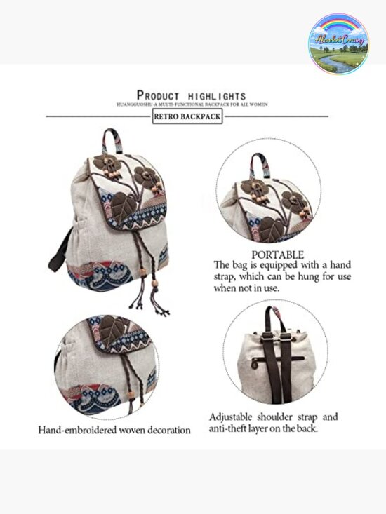 Vintage Bohemian Drawstring Backpack Purse Canvas Embroidered Travel Daypack main image 6